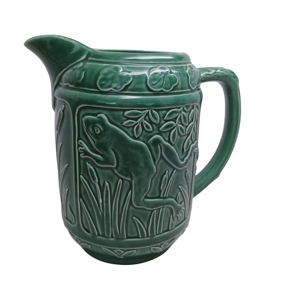 Eddie Bauer Green Ceramic Frog Pitcher Embossed Cattails Made in Japan Vintage